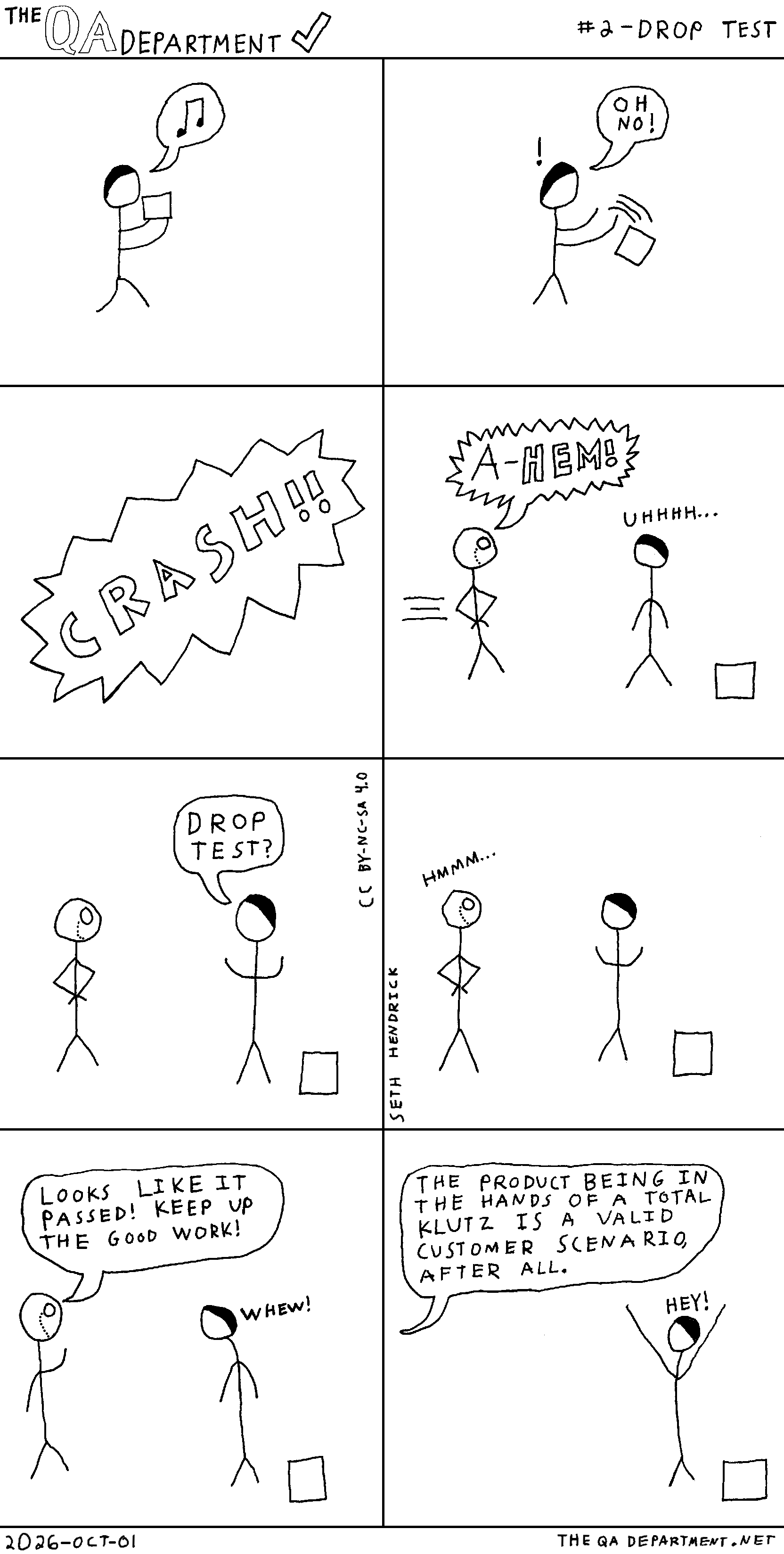 A comic showing Beanie dropping a device, and his manager confronting him.